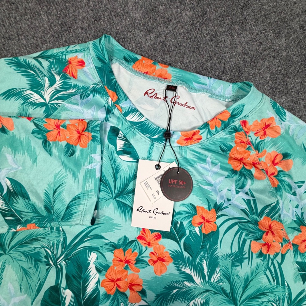 NEW Robert Graham Mens 2XL Tropical Floral Rash Guard Teal Orange UPF 50+ 0854